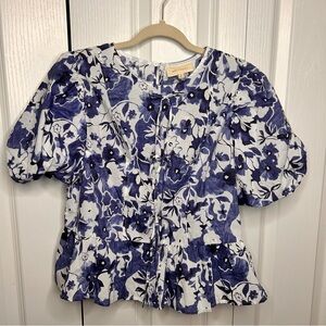 Melloday Women’s Blue Floral Bow Tie Puff Short Sleeve Blouse Size Small NWT